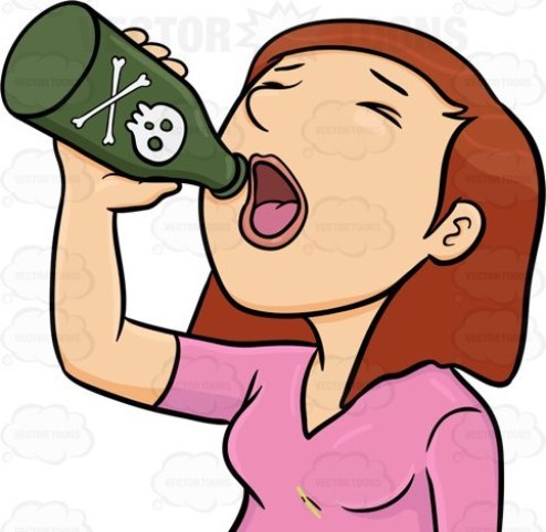 A female committing suicide by drinking a bottle of poison
