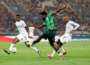 Ola Aina (middle) battles with two South African defenders during the semifinals of the 2023 African Cup of Nations.